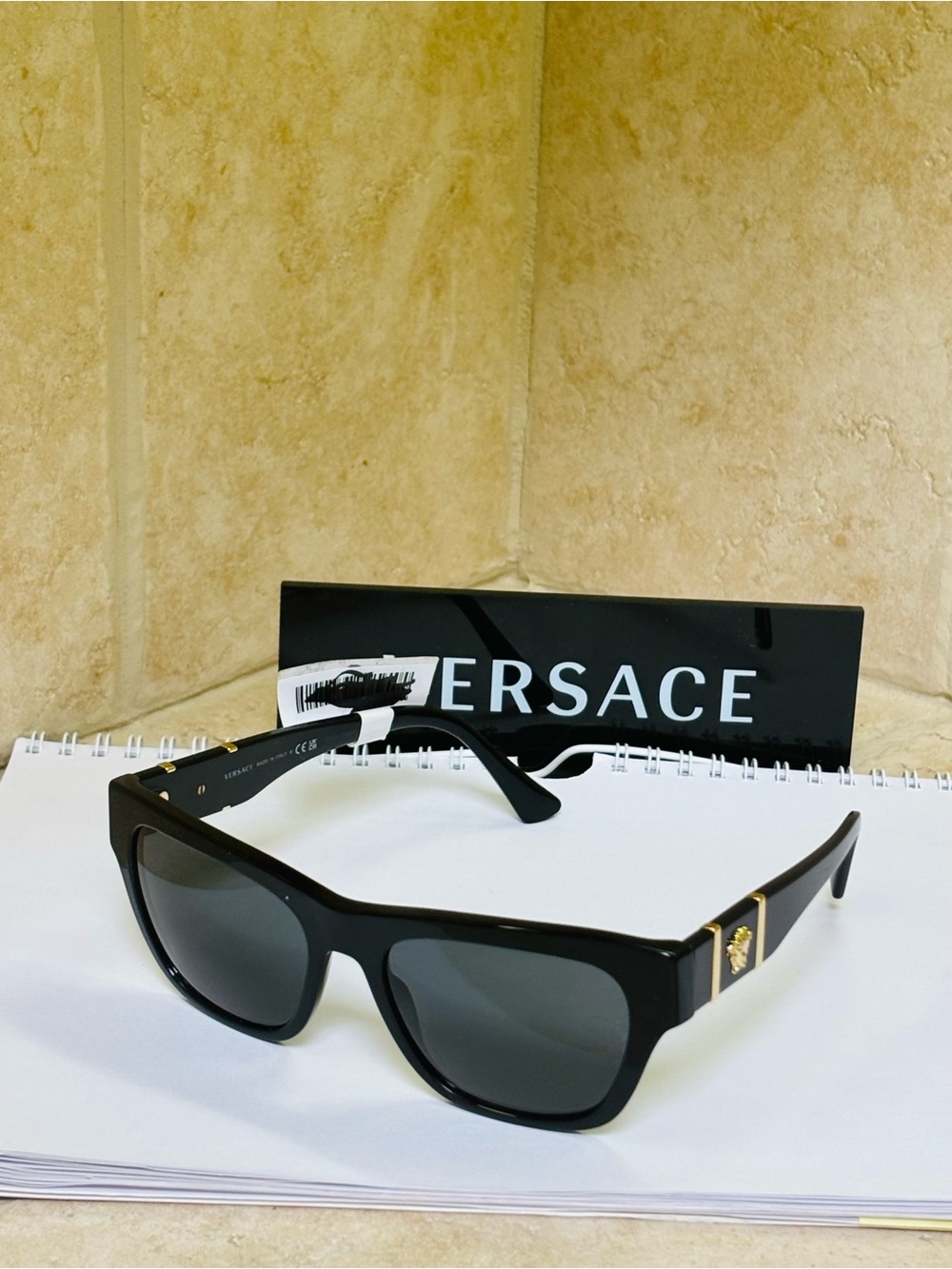 New Versace MOD 4457 GB1/87 Black Rectangular Sunglasses with Gold Accents